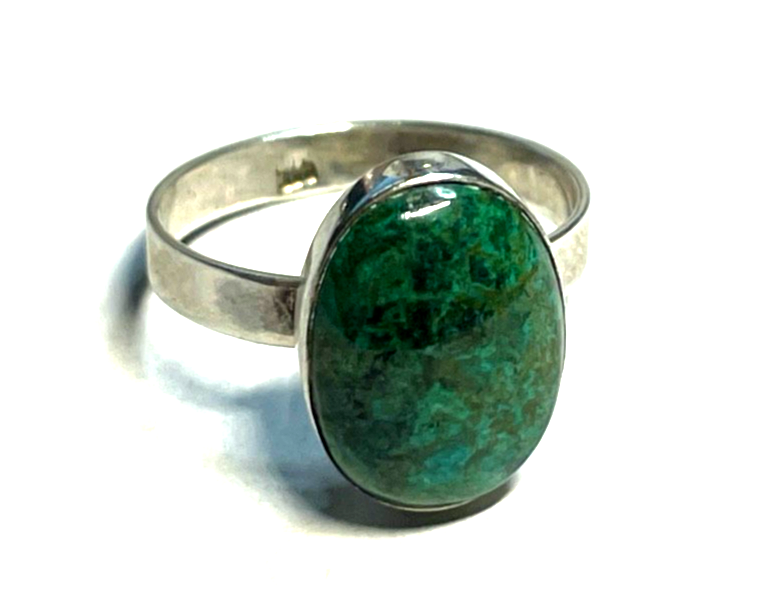 Solider 925 Silber Ring Chrysokoll Cabochon Besatz Handarbeit Ø 17 mm RG 54 Nr.35