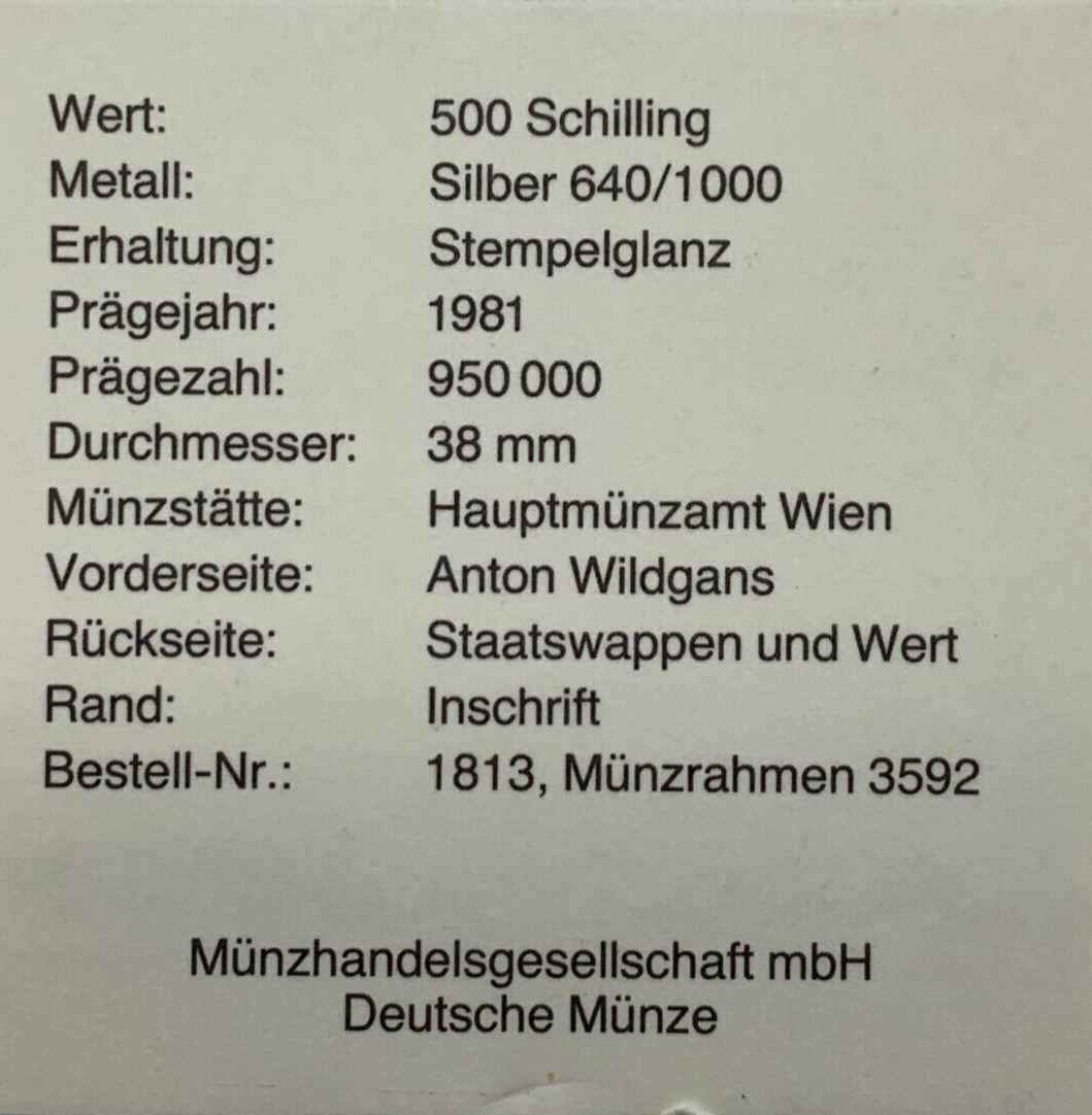 500 Schilling Österreich - Silber Münze - Anton Wildgans - Stgl2