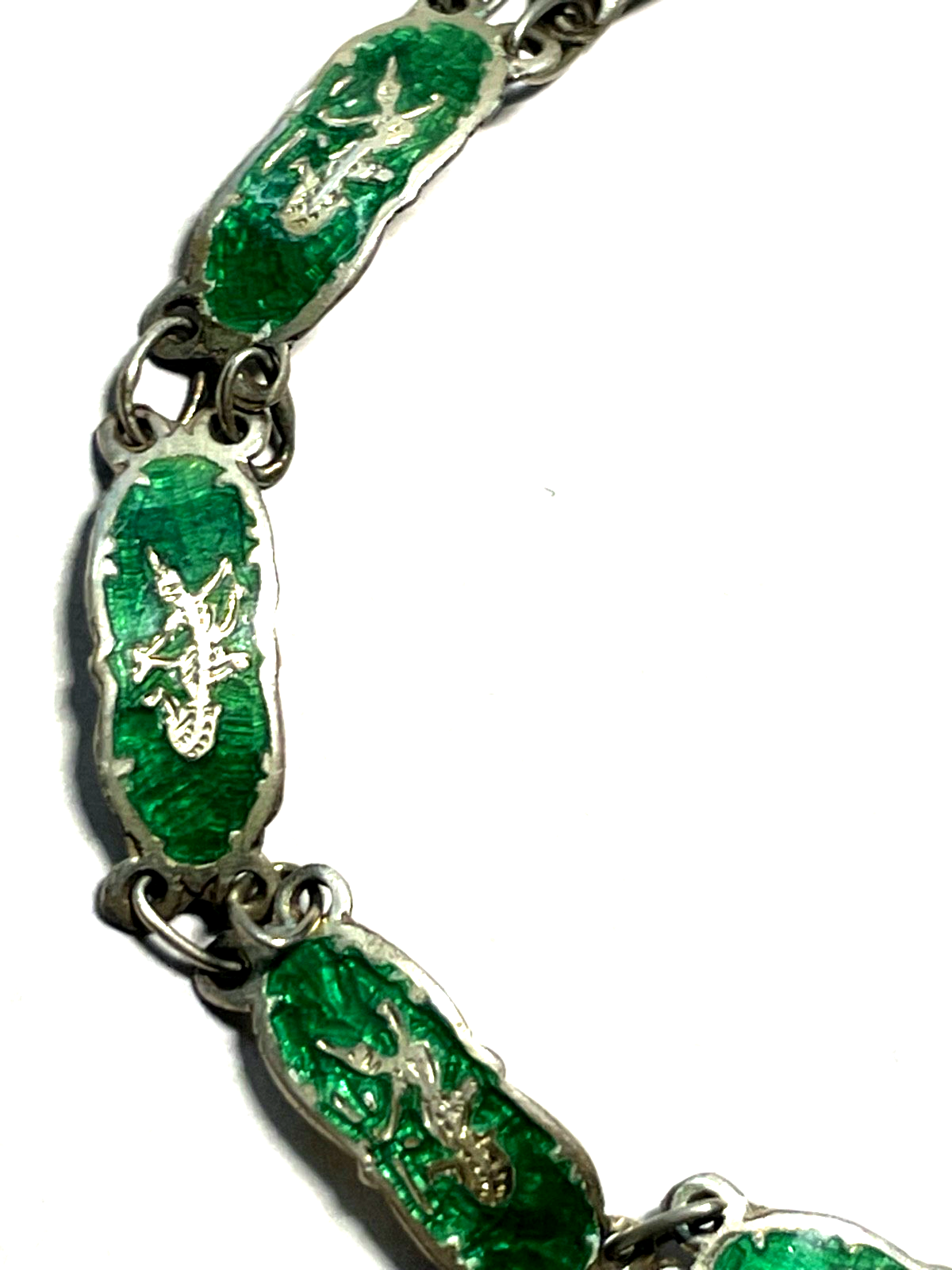 Vintage Siam Sterling Armband grüne Emaille Technik feines Dekor gepfl. L 17,5cm4