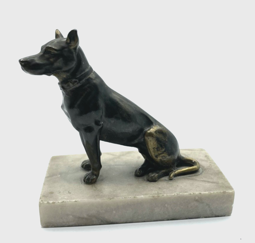 Antik Metall Hund Figur auf Alabaster Sockel aparte Hundeplastik Tierplastik4