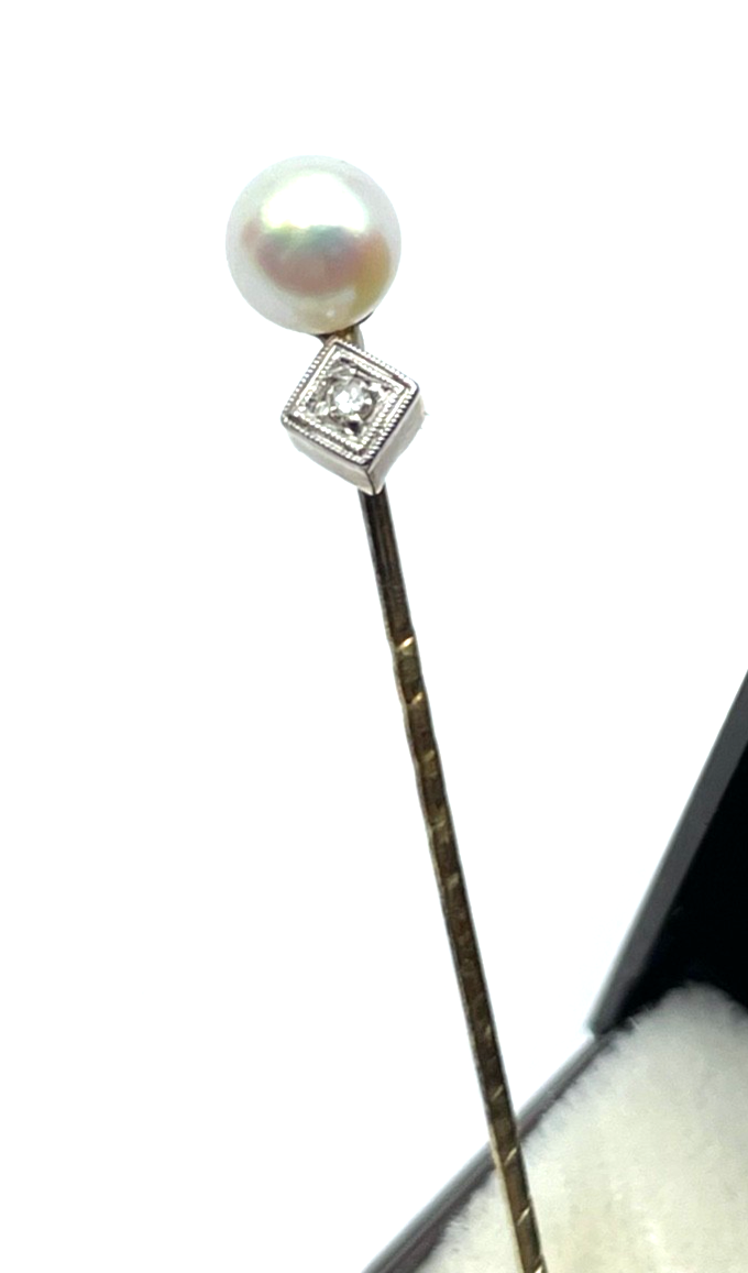 Antik 585 Gold 14 K Gold Reversnadel echte Perle + Achtkant Altschliff Diamant4