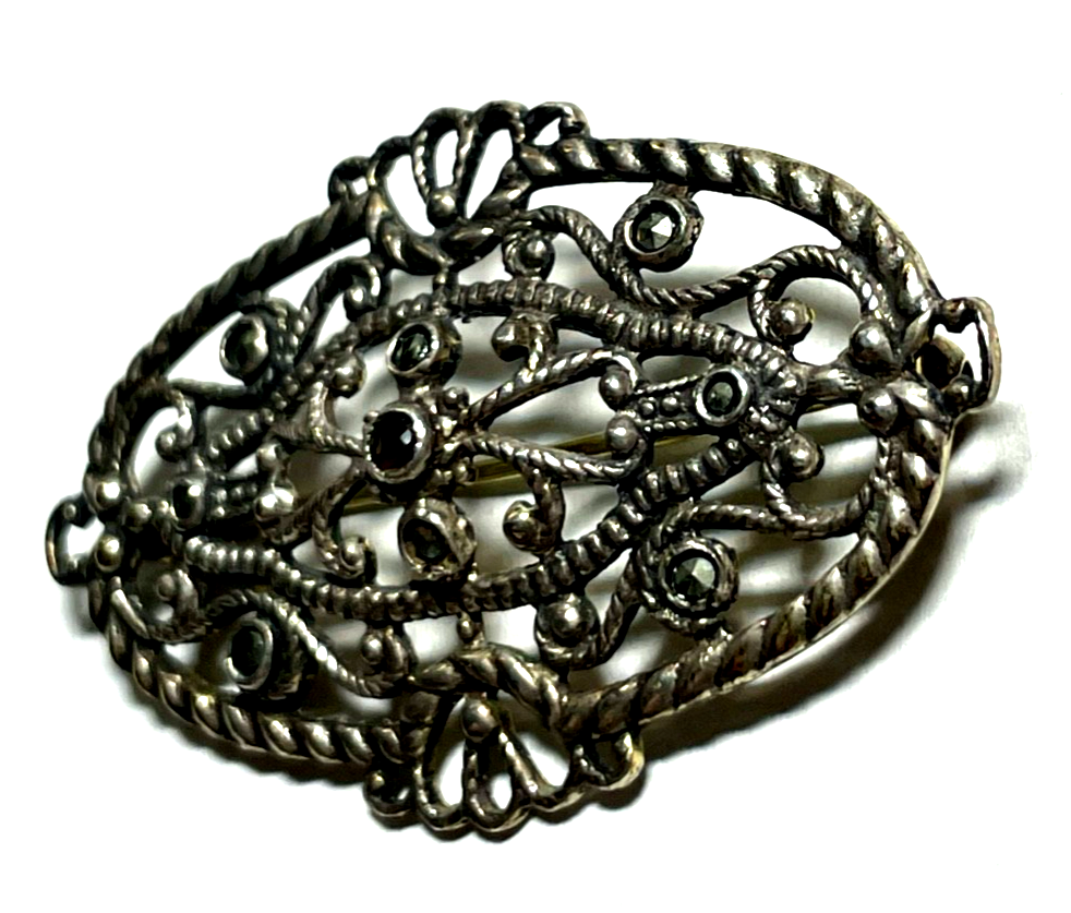 Antik sehr elegante Durchbruch Dekor Brosche Silber Granat +  Markasit 20erJ6