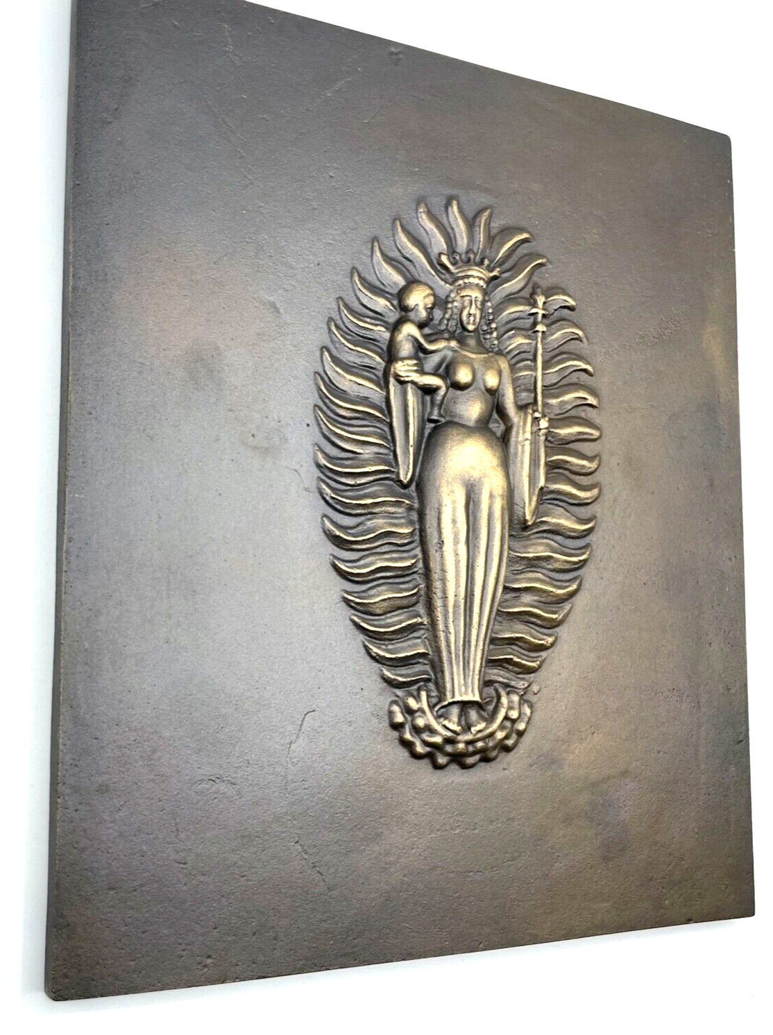 Attraktive Künstler Bronze Relief Tafel Maria Jesuskind Bronzetafel 26,5 x 22 cm4