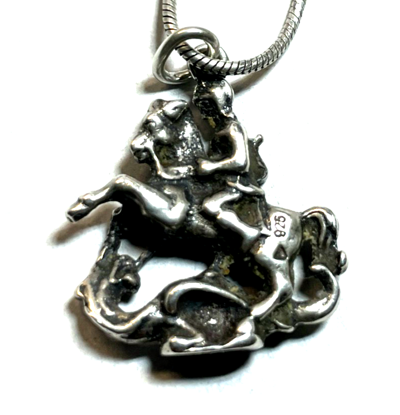 Vintage 925 Silber Anhänger Hl. Georg Drachentöter unisex + 925 Schlangenkette4