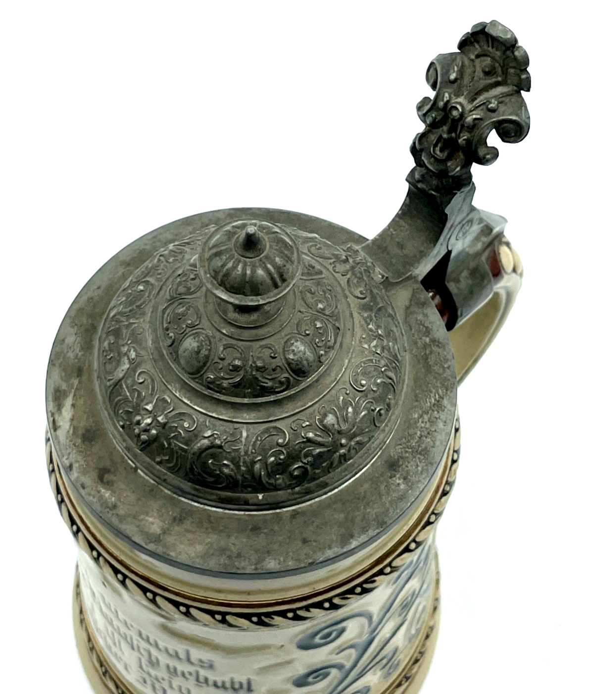 Antik Steinzeug Bierkrug mit Zinn Deckel Bier Seidel vor 1900 Trinkspruch 1/2 L5