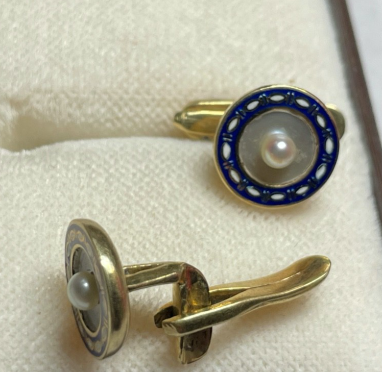 Antik 585 Gold 14K Frackknöpfe Hemdknöpfe Emaille Naturperle 1920 Juwelier gepfl0