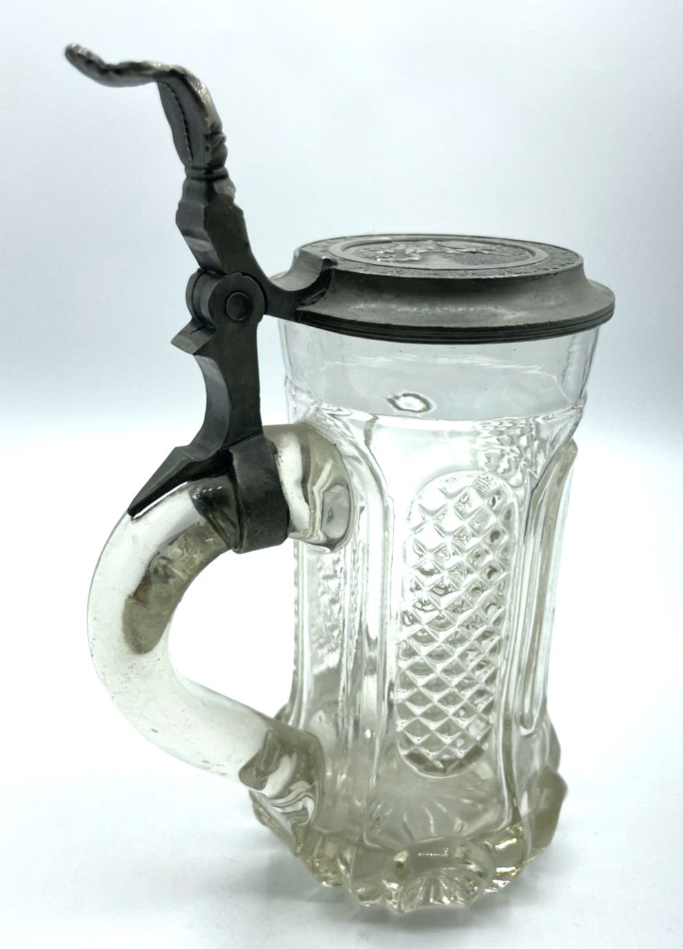 Gepflegter antik Pressglas Bierkrug Weinkrug Zinndeckel Bacchus Motiv 0,4 ltd.4