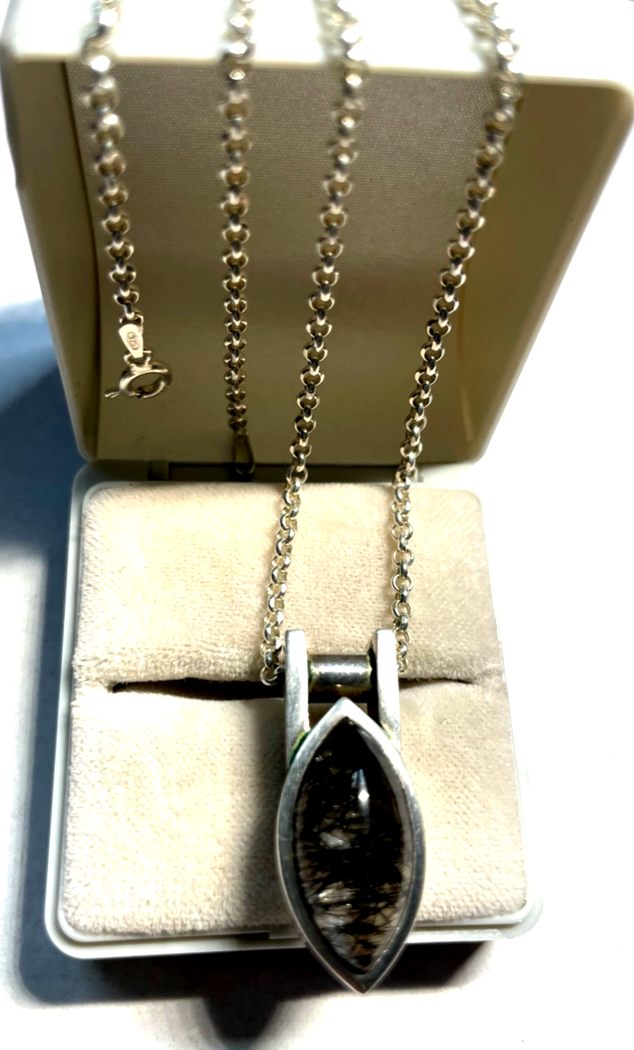 50 cm lange 925 Silber Erbskette mit massiv Sterling Rutilquarz Anhänger modern0