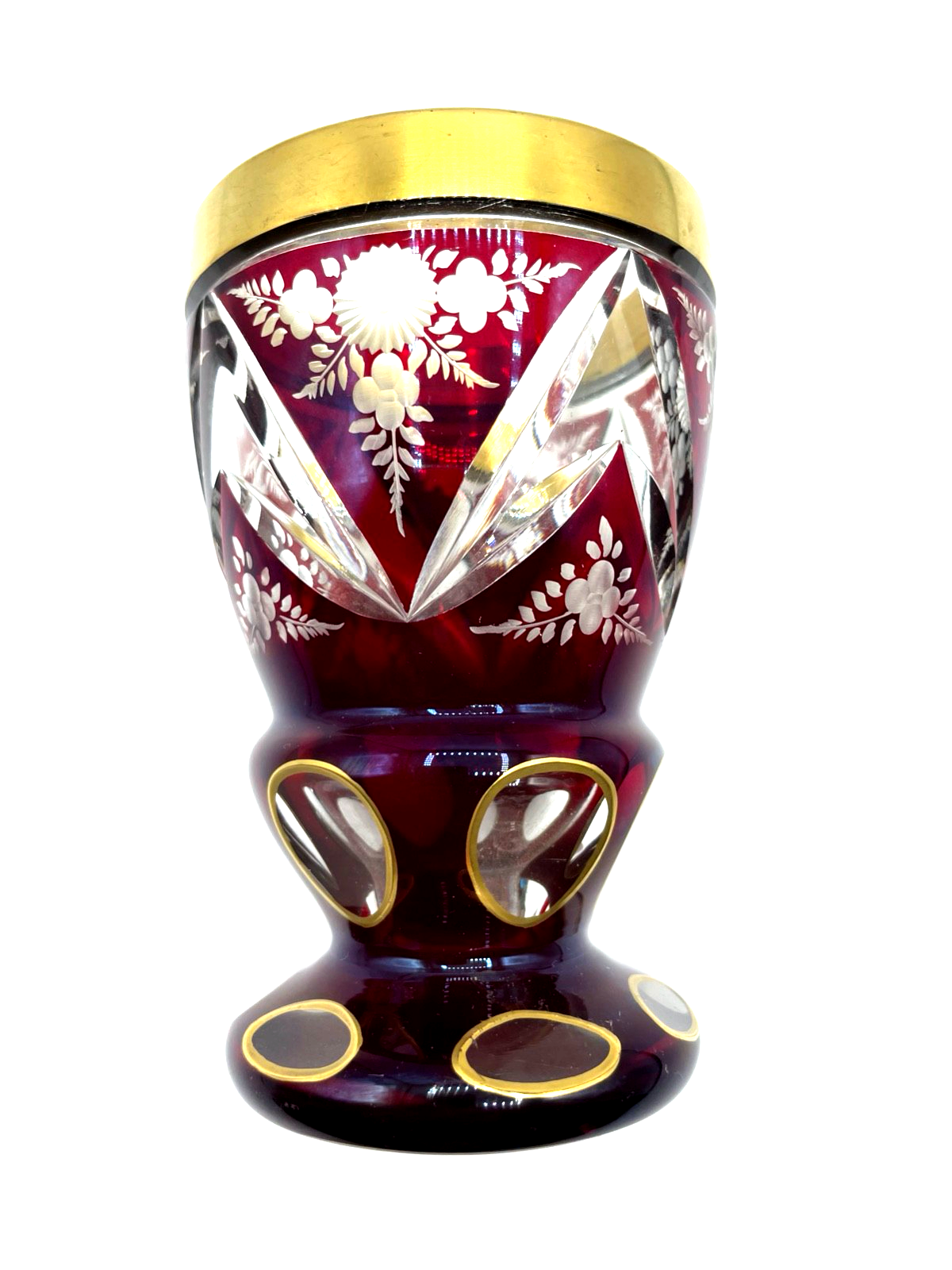 Vintage Böhmen Kristall Glas Ranftbecher Pokal floral Ätzdekor farbig Überfang2