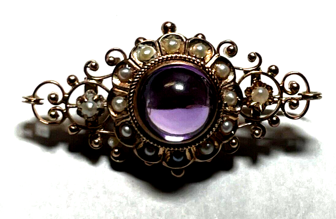 Antik 8 K Gold 333 Brosche Amethyst Cabochon Orientperlen Historismus Saatperlen10