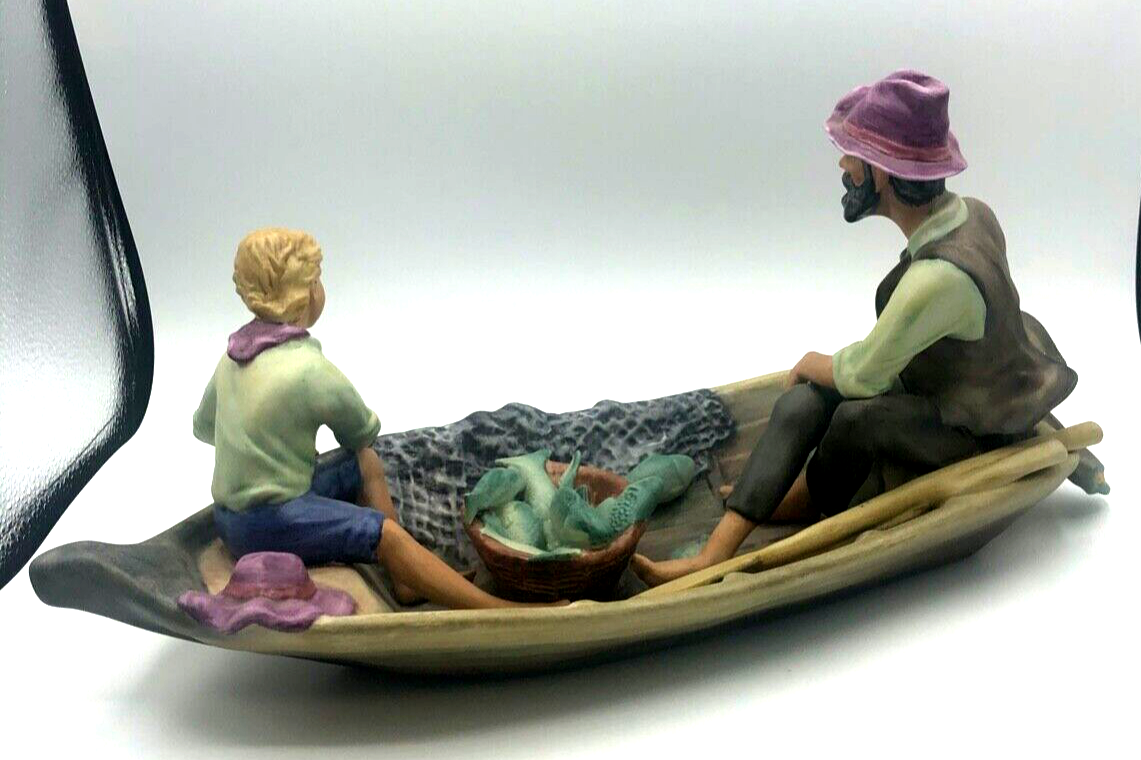 Stattliche Porzellan Figur Vater Sohn Fischer Boot Biskuit handbemalt L 39 cm8