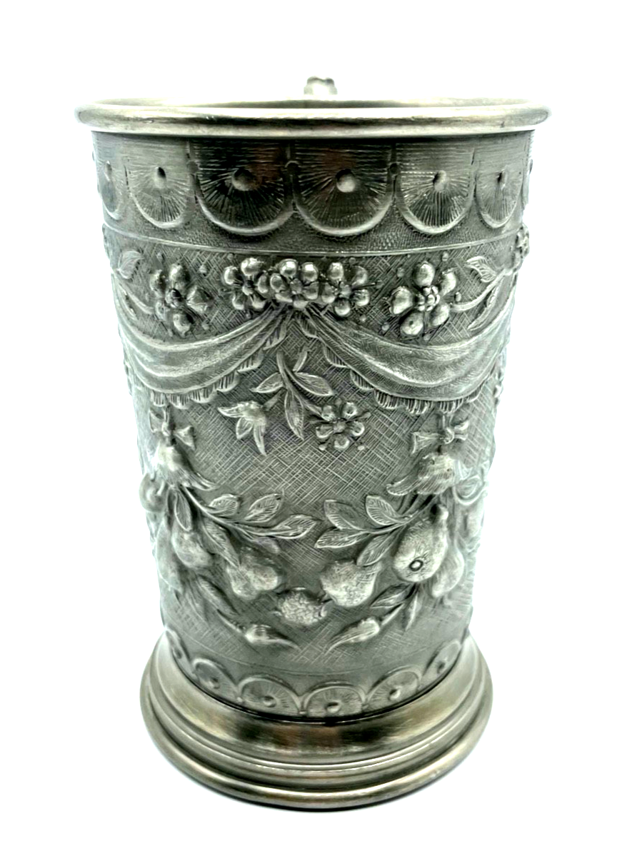 Wunderschöner Zinn Becher Italien handdekoriert floral Henkelbecher H 13,5 cm1