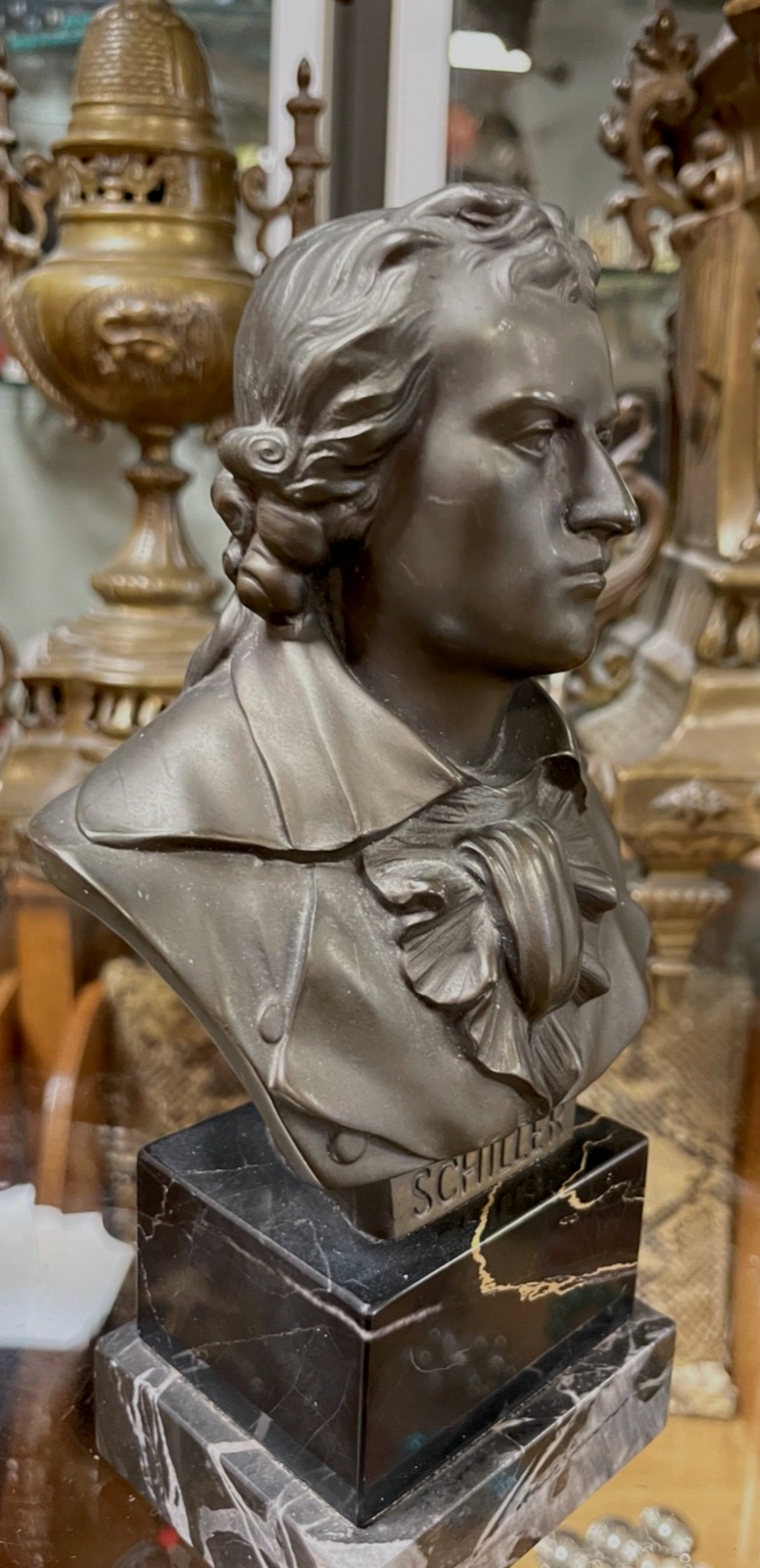 Antik Friedrich von Schiller Metall Büste auf Marmor Plinthe gepflegt H 18,5 cm5