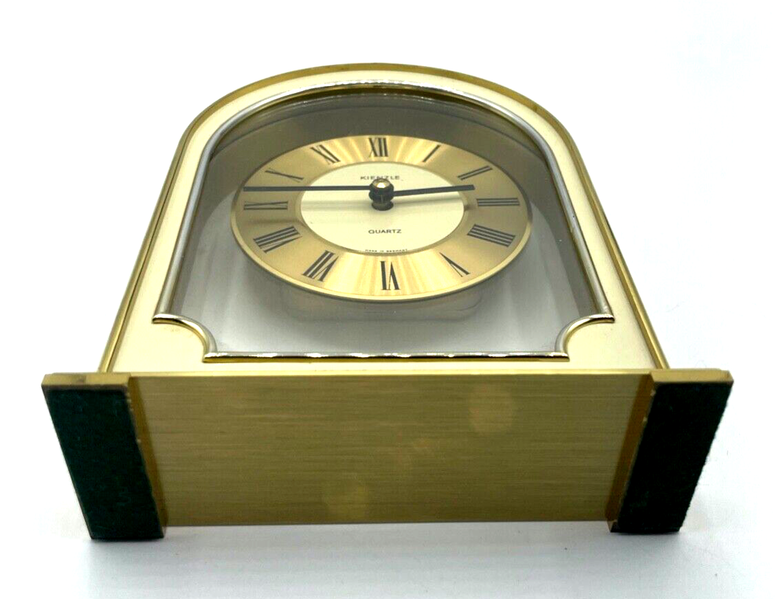 Vintage formschöne Kienzle Tischuhr Messing Gehäuse + Emaille Quartz Werk läuft6
