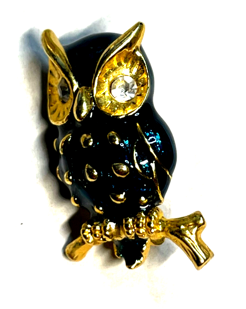 2x vintage Modeschmuck Brosche Anstecknadel Eule + Katze mit Swarovski Kristall2