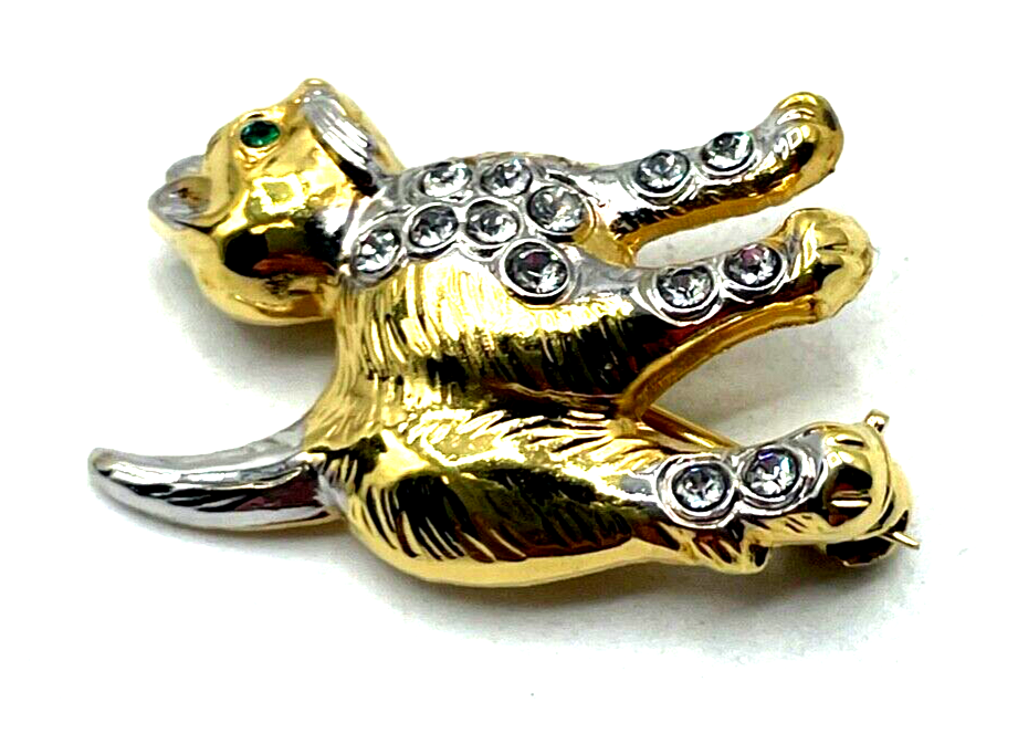 Vintage Brosche Anstecknadel kleine Katze vergoldet mit Strass Besatz wie neu4