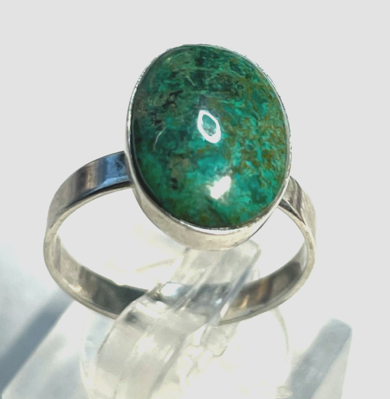 Solider 925 Silber Ring Chrysokoll Cabochon Besatz Handarbeit Ø 17 mm RG 54 Nr.30
