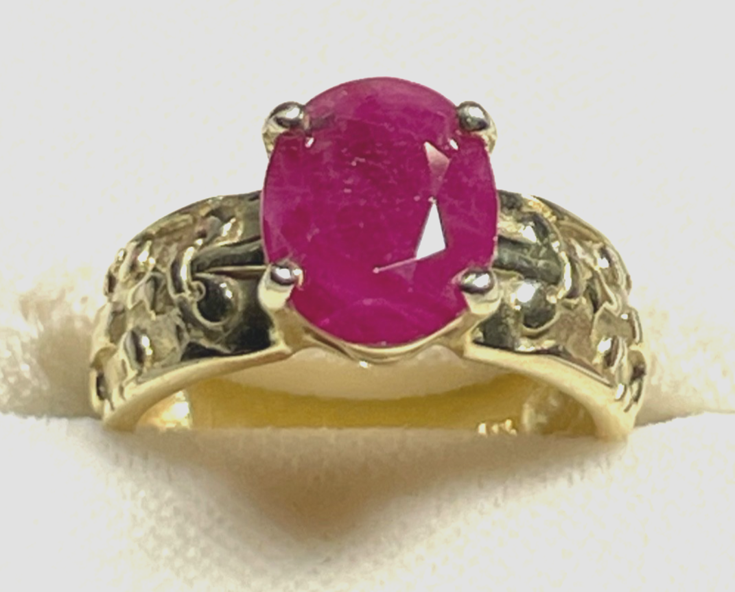 Exklusiver 585 Gold 14 K Ring gr. Rubin Fleur de Lys Wappen Lilie Dekor RG 518