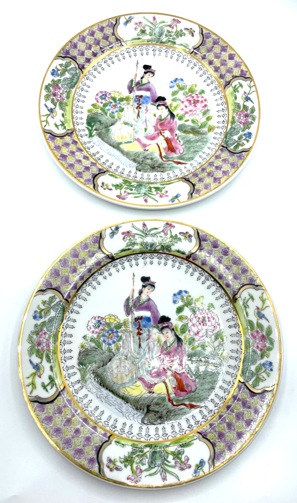 2 vintage attraktive Famille Rose Porzellan Teller China Ø 22,7 cm handbemalt0
