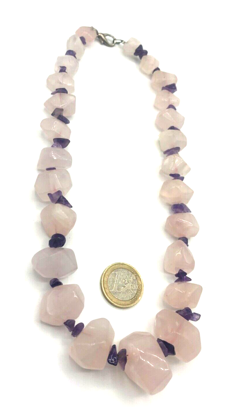 Vintage stattlich Rosenquarz Amethyst Edelstein Nuggets Kette Collier Handarbeit0