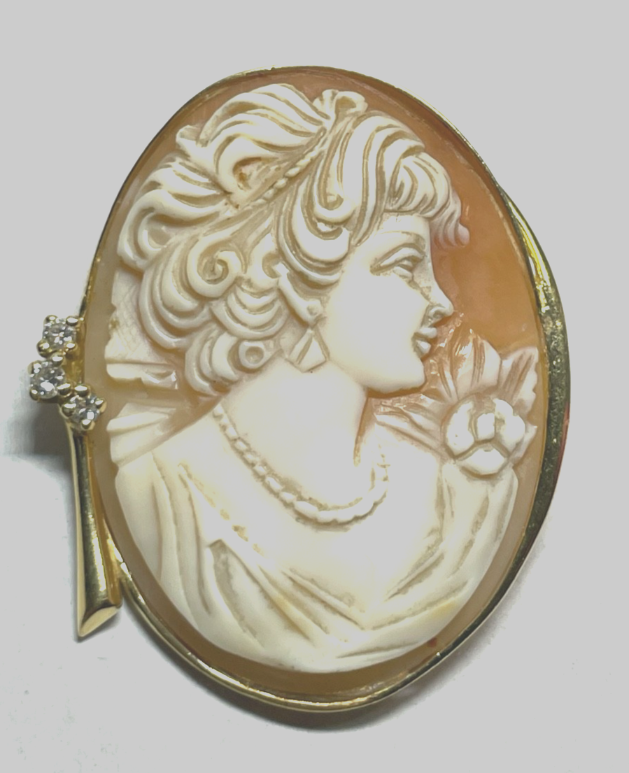 Antik Anhänger oder Brosche feine gr. Gemme Cameo in 750 Gelbgold + 3 Brillanten3