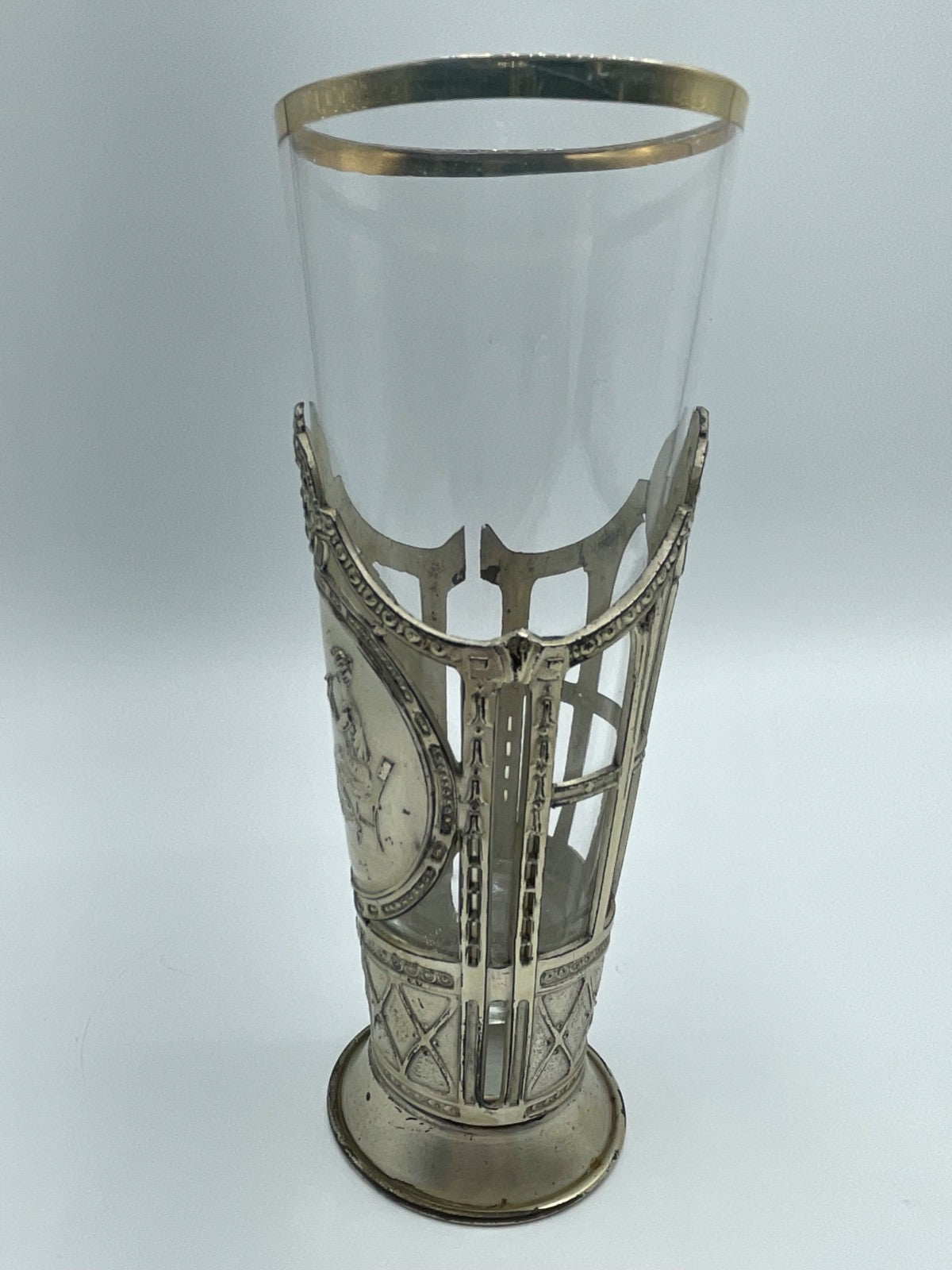 Antik Jugendstil Glas in versilberter Metall Montur mit Flötistin + Putte Engel9