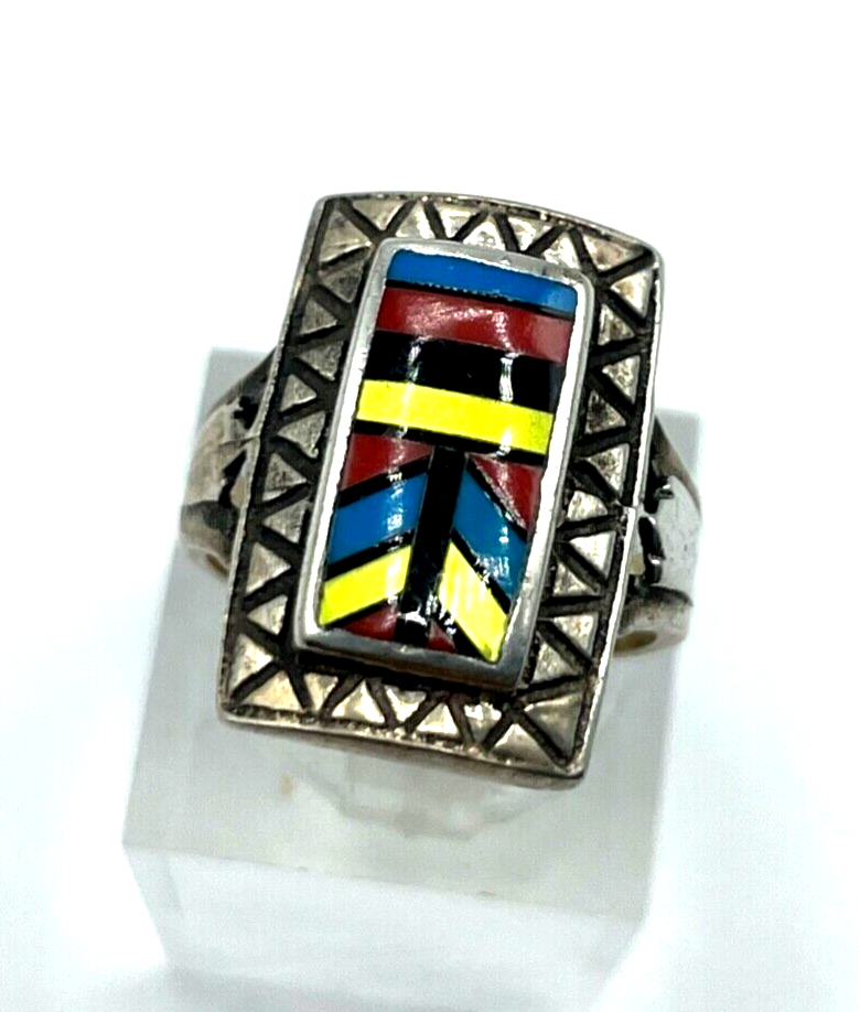 925 Sterling Ring Zuni Indianerschmuck Edelstein Inlay Handarbeit Ø 15 mm RG 470