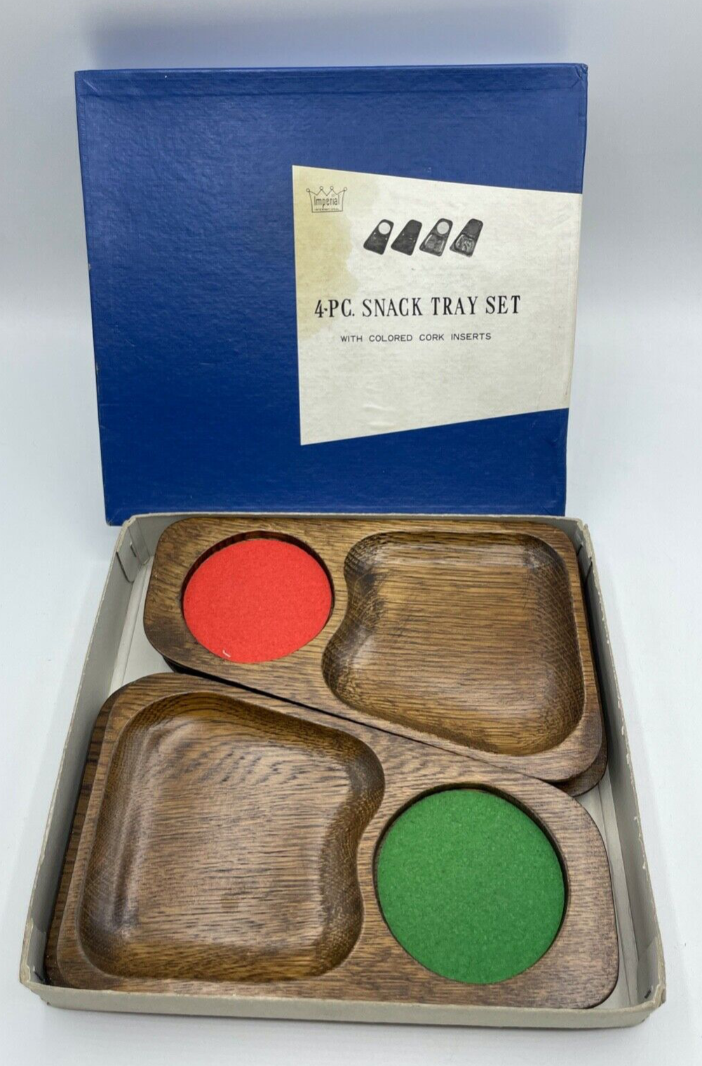 Vintage Imperial 4 Knabber Schalen Set Hartholz Handarbeit 60erJ in orig. Box2