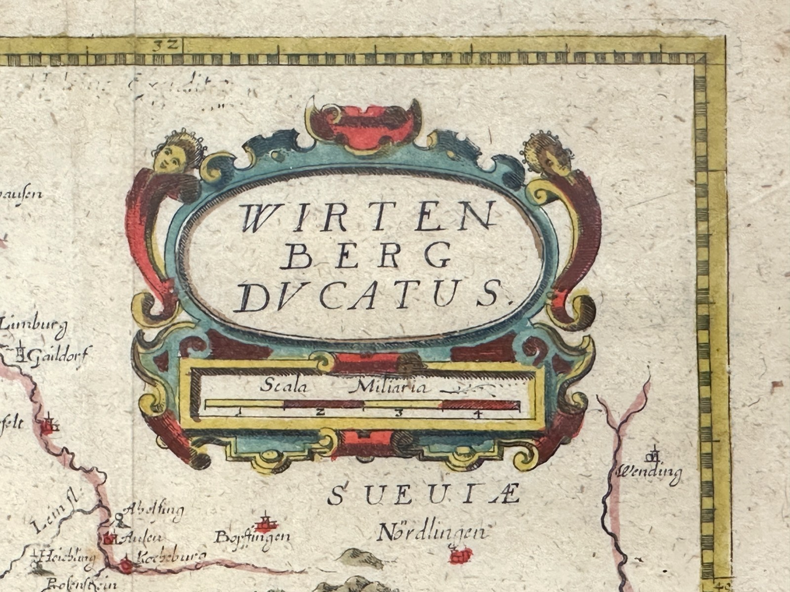 Historische Karte "WIRTENBERG DVCATUS" – Blaeu um 1645 – Kupferstich koloriert3