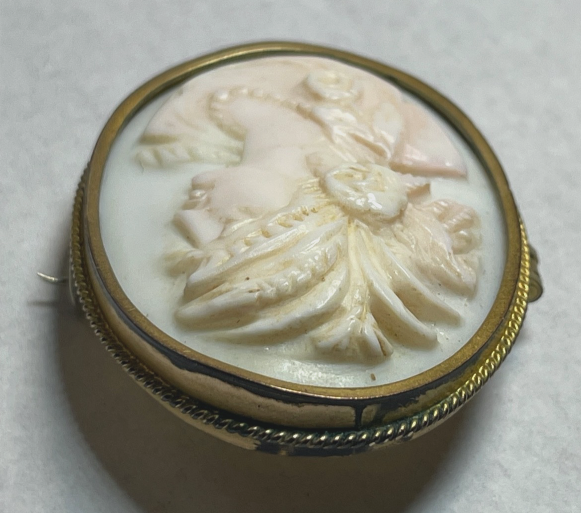 Antik Engelshaut  Korallen  Gemme vor 1900 Cameo Brosche feine Handarbeit gepfl.9