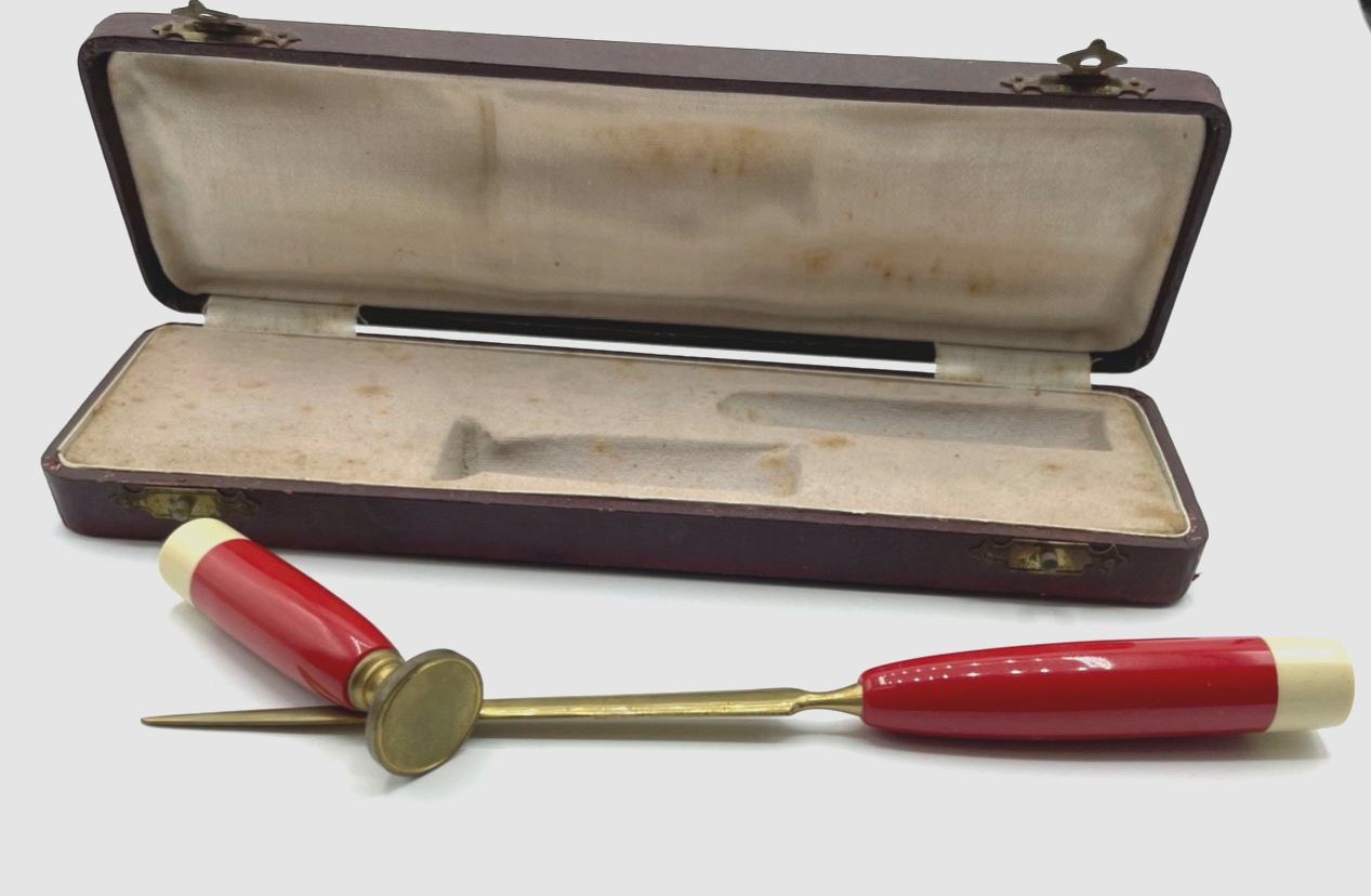 Antik bunt Bakelit Petschaft Brieföffner im orig. Etui um 1900 1910 ohne Gravur2