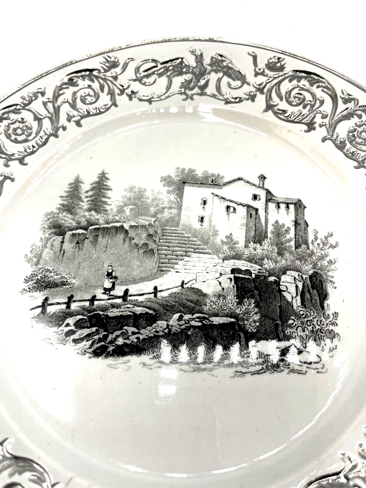 * Antik 3 Keramik Teller Landschaft Szenerie vor 1900 Silber Rand Dekor Ø 18,2cm7