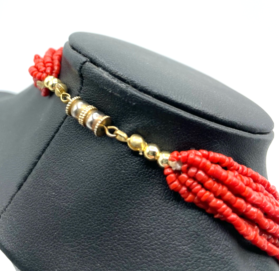 Vintage Korallenkette Korallen Perlchen 10 Stränge Collier L 53 cm B 30 mm gepfl4
