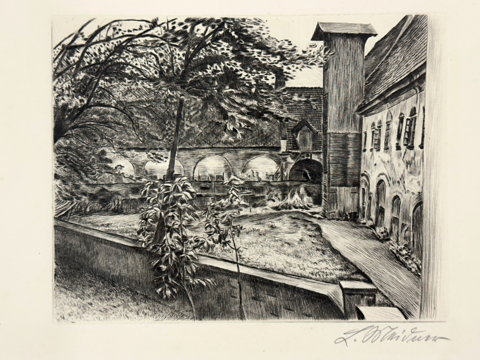 Ludwig Meidner (1884–1966) - Original-Radierung - Klosterhof Grüssau 1925 - sign1