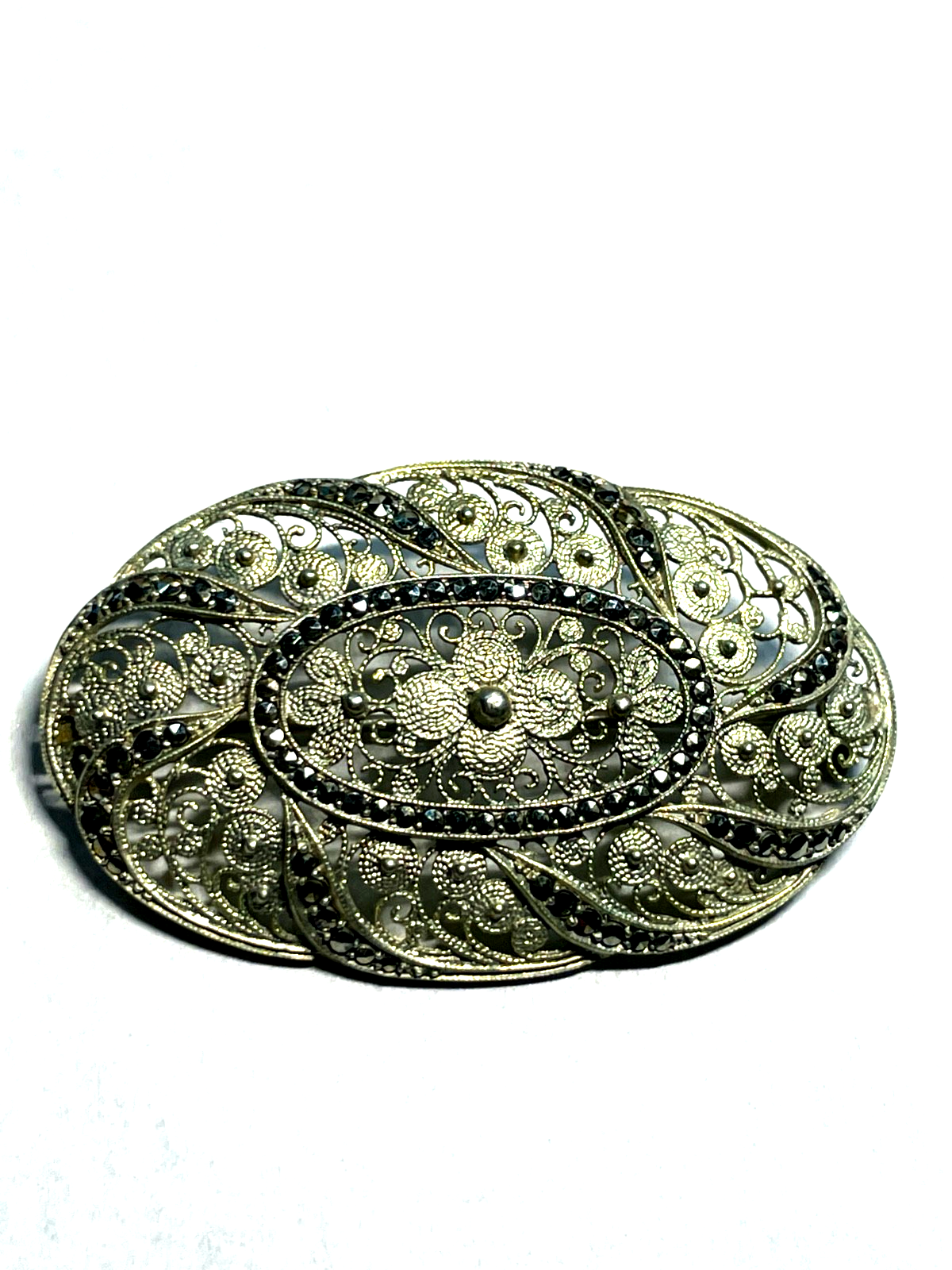 Antik 835 Silber Brosche Jugendstil filigrane Handarbeit Markasit Besatz vergold1