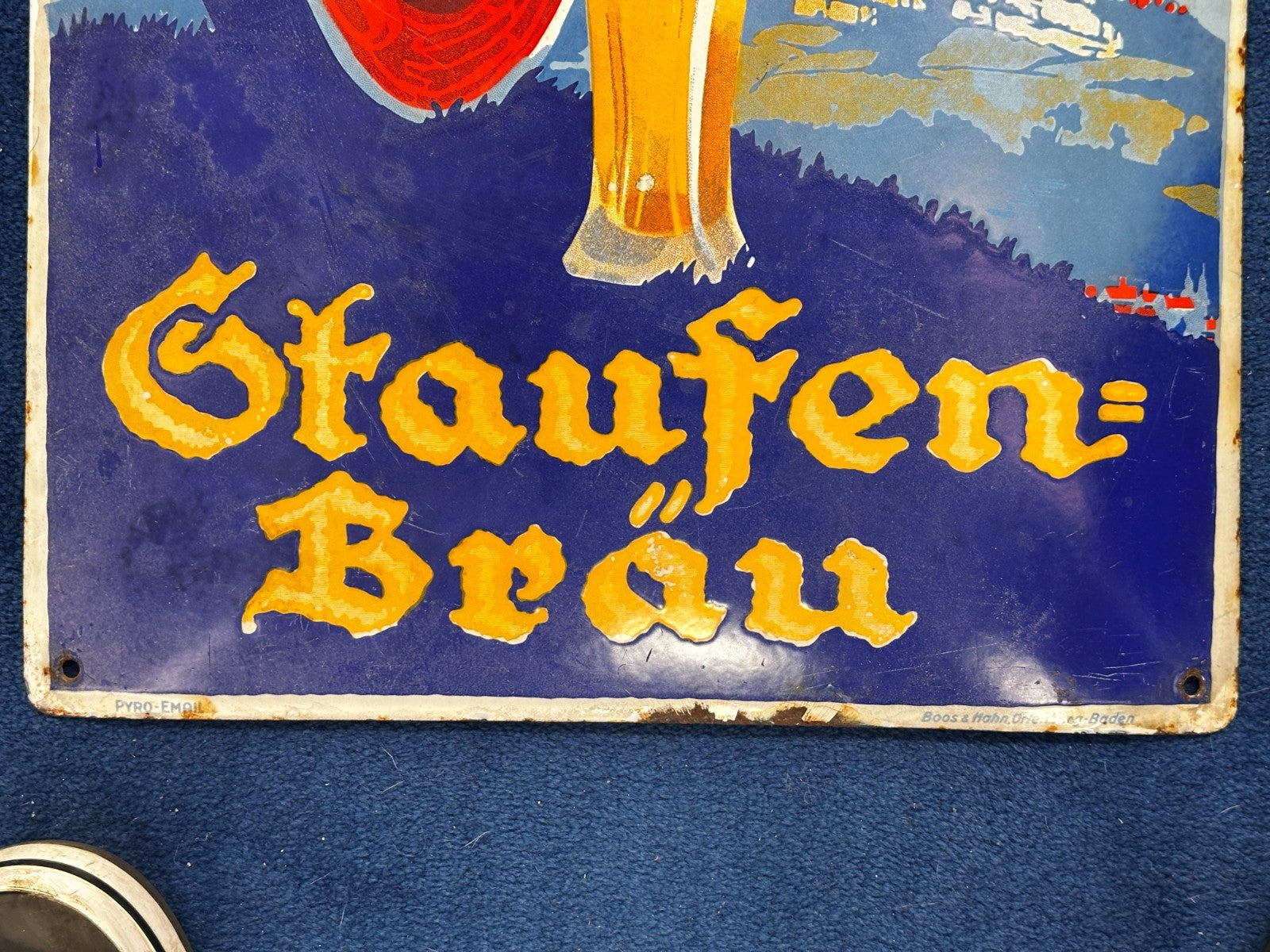 Altes Emailleschild - Staufen-Bräu Göppingen - Brauerei zum Rad - geprägt1