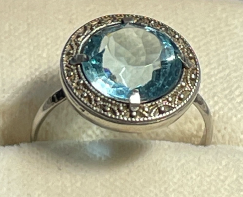 Antik 830 Silber Ring aquamarin farbig wasserblau Spinell 30erJ RG 53 Ø 16,8 mm2