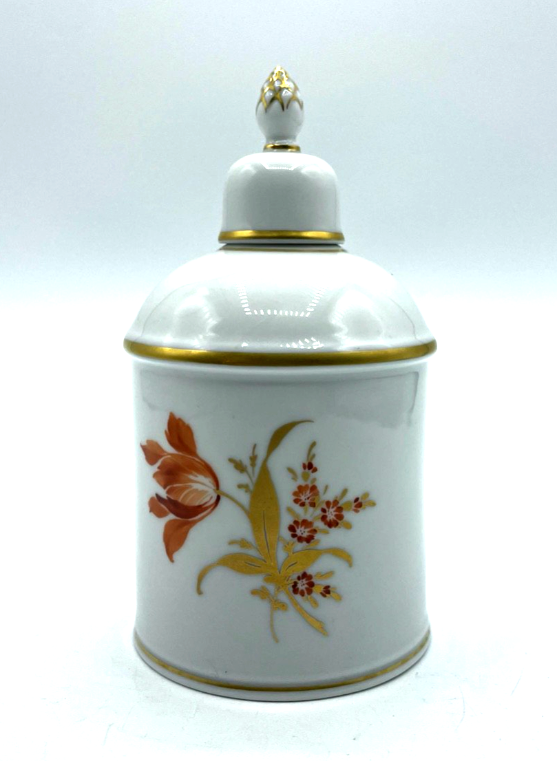 Vintage Höchst Porzellan Teedose dekoratives Dekor Tulpe Gold H 13 cm 1A Zustand0