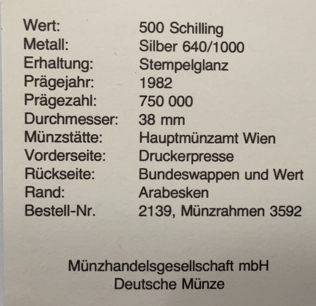 500 Schilling Österreich - Silber Münze - 500 Jahre Buchdruck Österreich - Stgl2
