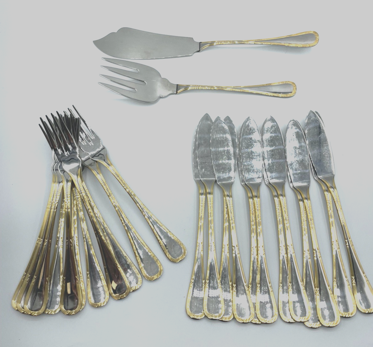 Vintage Kreuzband Edelstahl Gold Fischbesteck 12 Personen 26 Teile Vorleger0