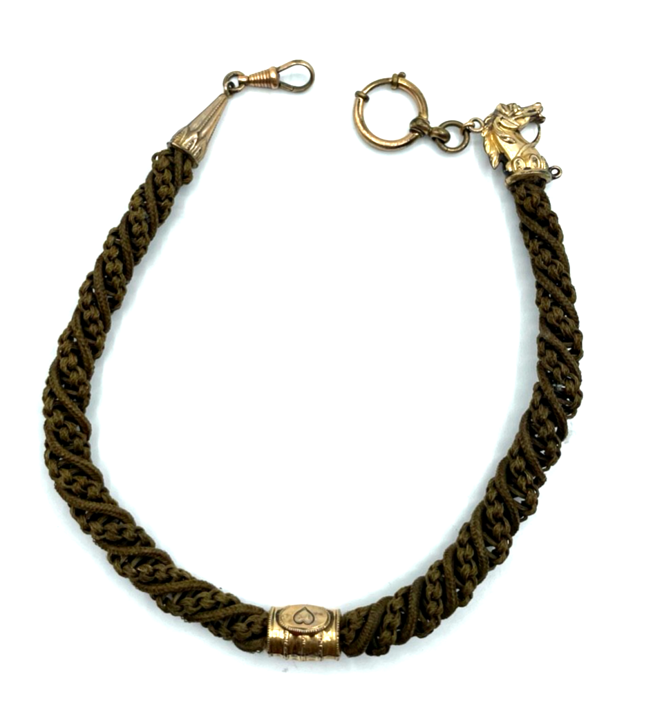 Antik Biedermeier Haarkette Uhrkette Taschenuhrkette Motiv Pferd Dubleegold gepf0