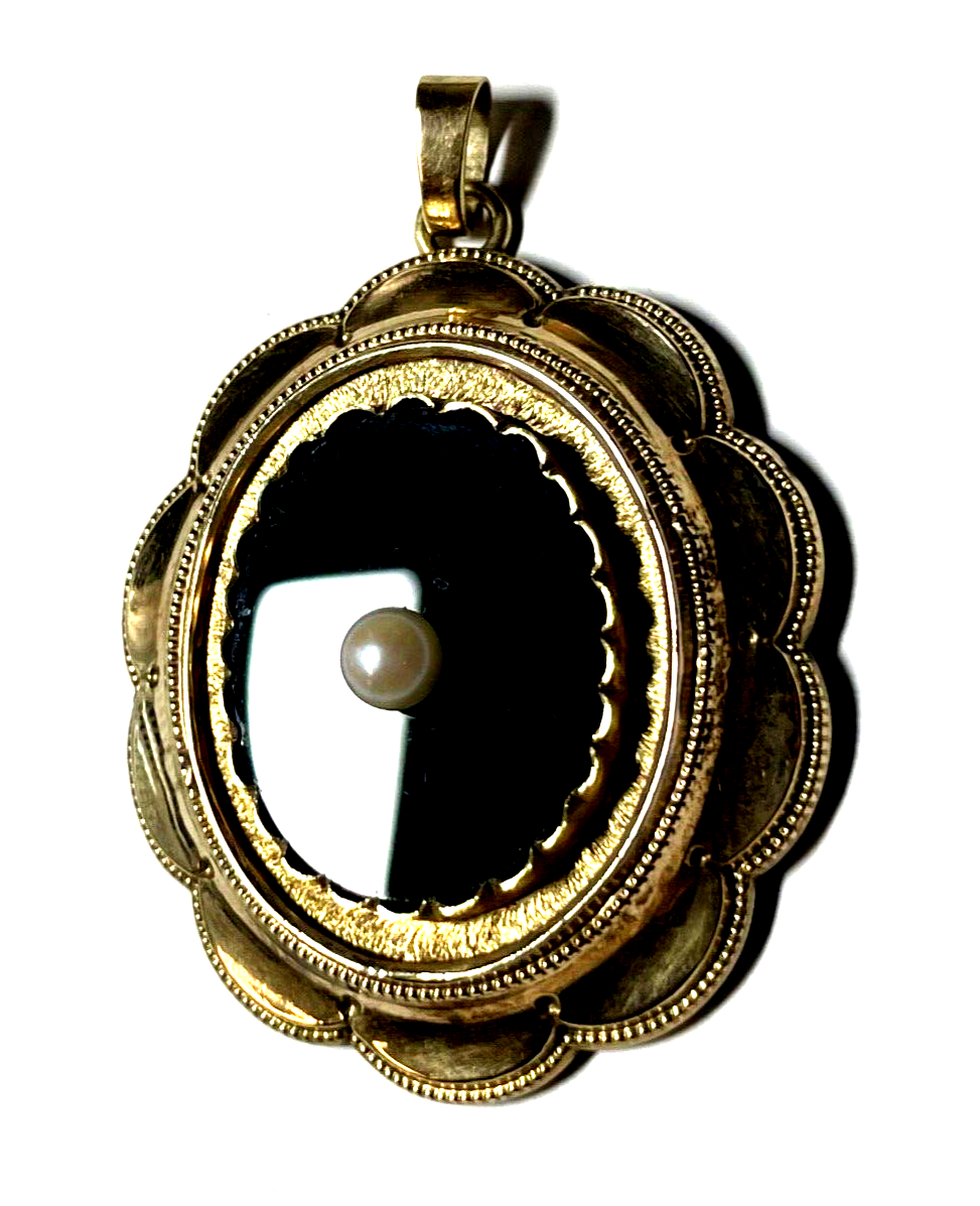 Stattlicher Biedermeier Anhänger Schaumgold L 53 mm B 39 mm echte Perle rar17