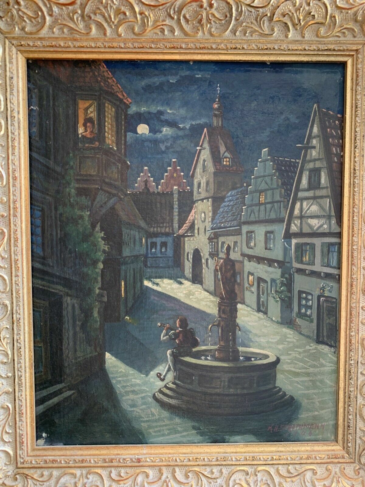 KH Strothmann 1946 - Ölgemälde - Romantischer Szene bei Vollmond - Öl auf Leinen1