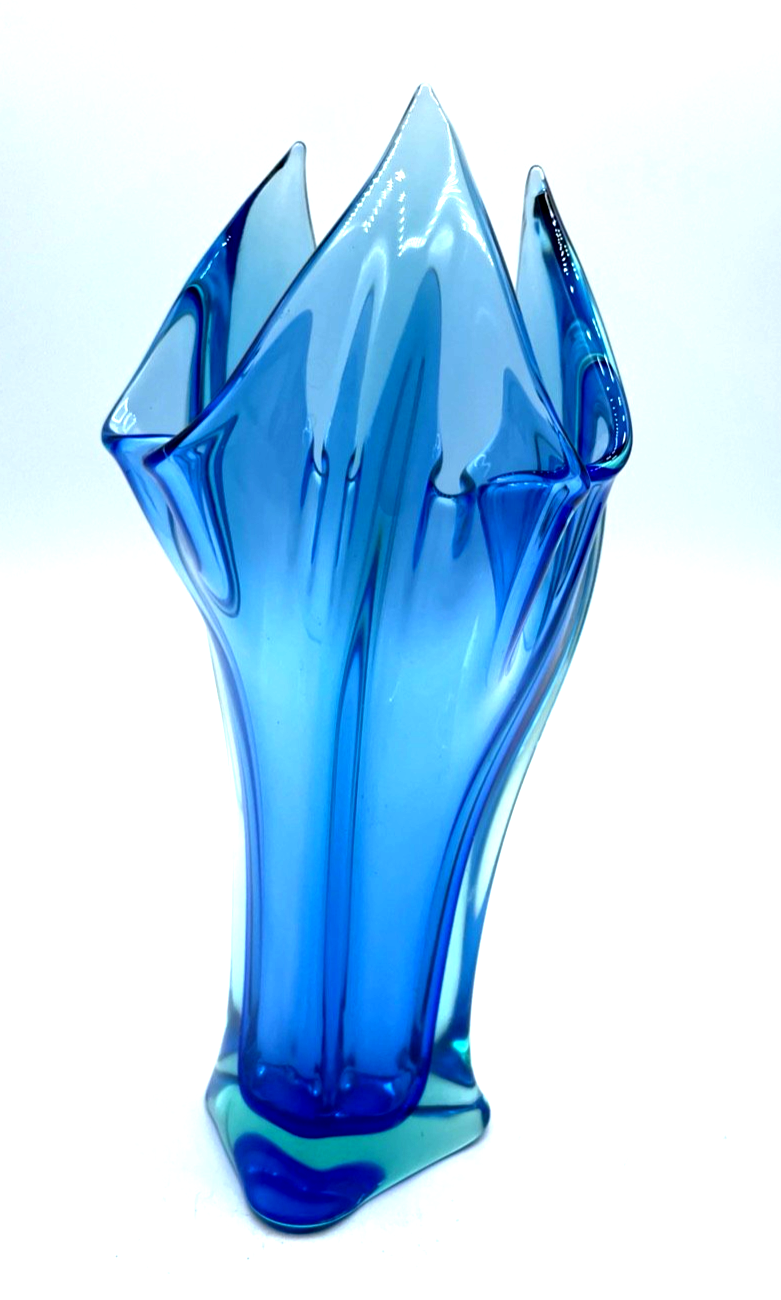original mid century Murano Glaskunst Sommerso Flavio Poli Vase Blau + Grün2