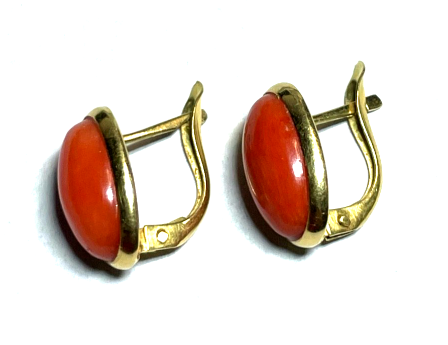 Solide 750 Gold 18 K Ohrringe Natur Lachs Koralle Cabochon Juwelier Klassiker4