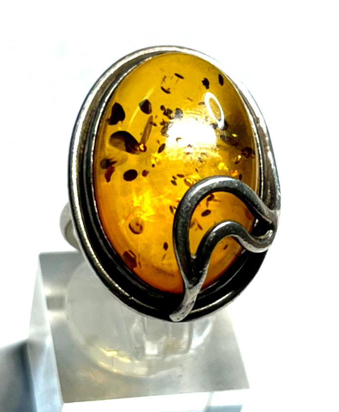 Aparter 925 Silber Ring Handarbeit Bernstein Cabochon RG 51 Ø 16,2 mm gepflegt0