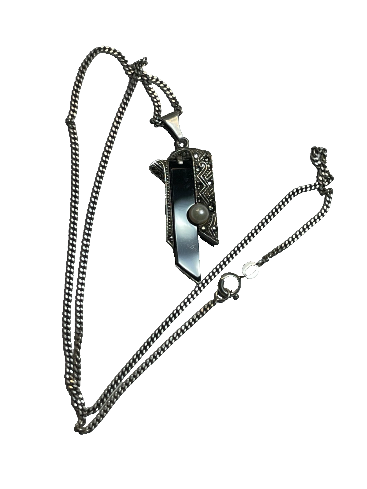Antik Art Déco 835 Silber Anhänger Onyx Perle Markasiten + 45 cm FBM Panzerkette3