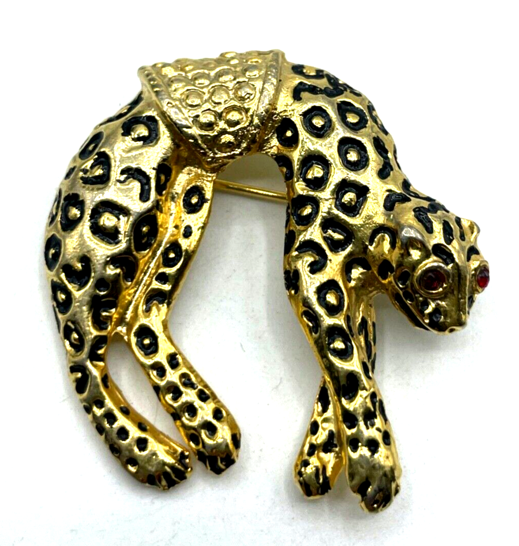 Vintage Brosche Anstecknadel 80er J großer Panther Leopard rote Augen gepflegt0