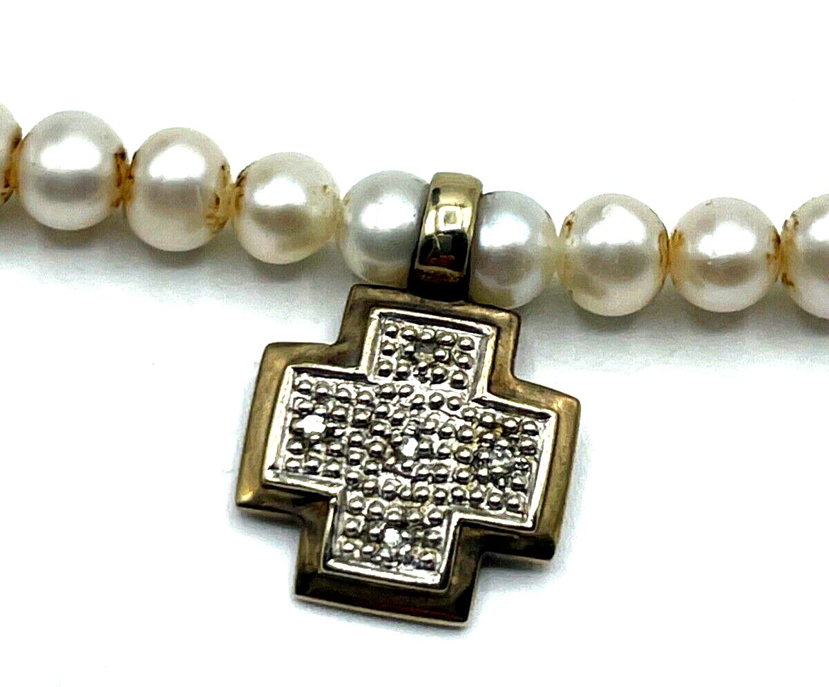 SWZ Perlenkette 333 Gold Schliesse + Kreuz Anhänger weiß Juwelier 46,5 cm4