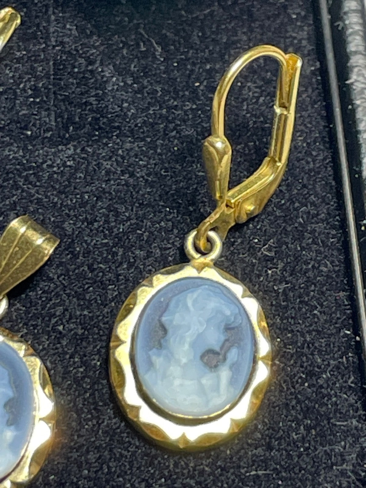 333 Gold Cameo blue Onyx Ohrringe und Anhänger Set Kamee2